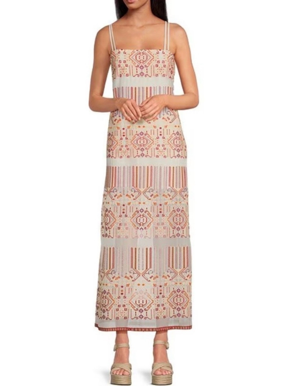 Chelsea & VioletSenna Embroidered Beaded Straight Neck Sleeveless Long Dress